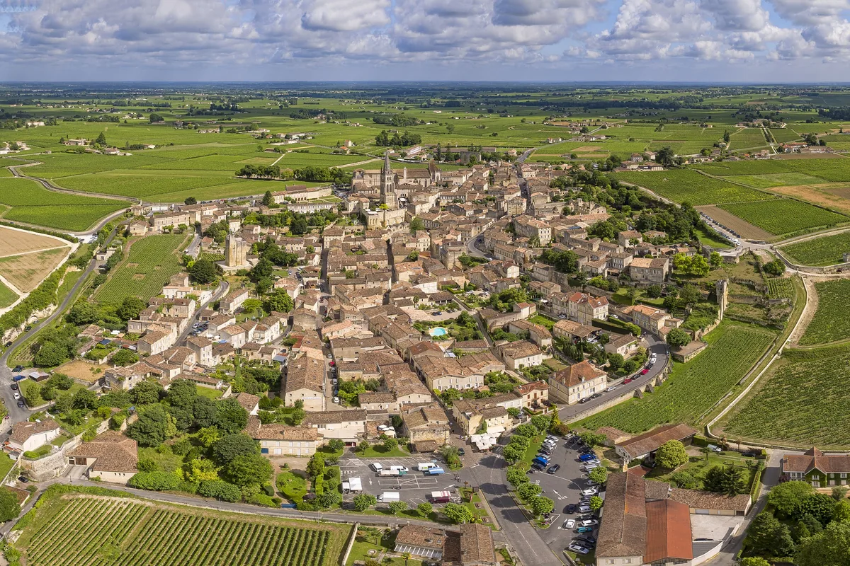 Rooftops and bell tower of Saint-Émilion village, Bordeaux, France